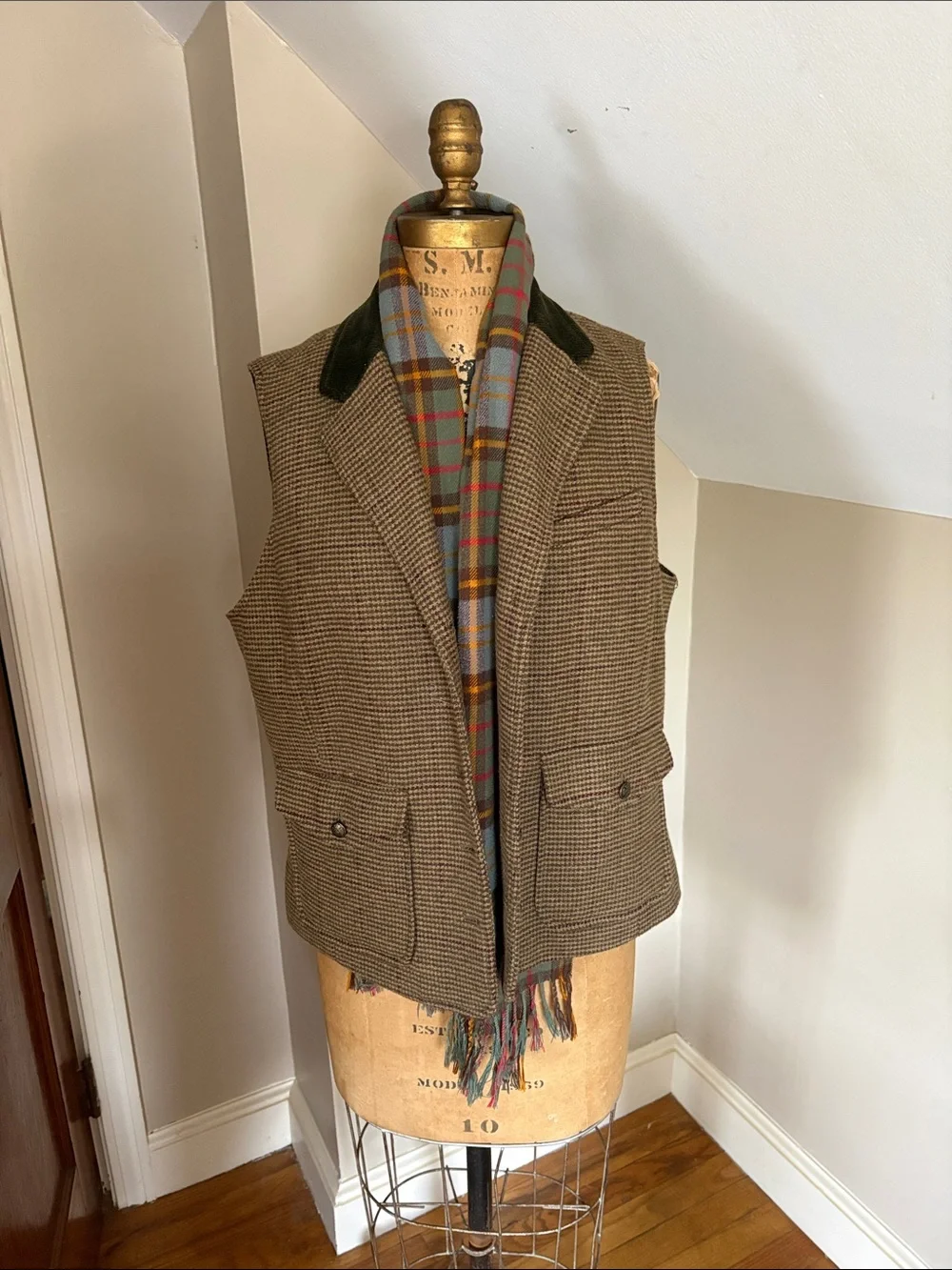 Ralph Lauren Olive Plaid Scarf with Slate & Red Accents